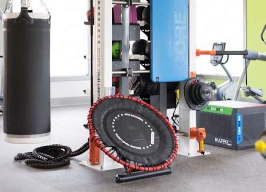 A gym with a punching bag, a weight rack, and a treadmill at Foxwood Apartments, Raleigh-Durham, NC, 27616