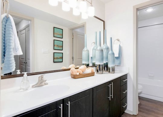 A bathroom with a white counter top and black cabinets at Madison Southpark Apartment Homes, Charlotte, NC