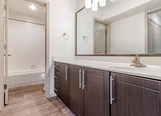 A bathroom with a white tub and brown cabinets at Madison Southpark Apartment Homes, Charlotte, 28226