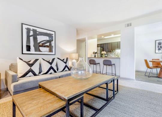 A modern living room with a grey couch and a wooden coffee table at Madison Southpark Apartment Homes, Charlotte, NC, 28226