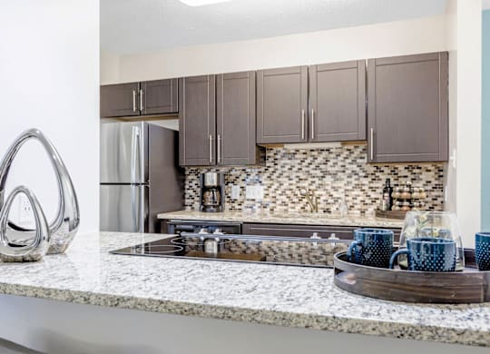 A kitchen with a marble countertop and a tray of blue mugs at Madison Southpark Apartment Homes, Charlotte, 28226