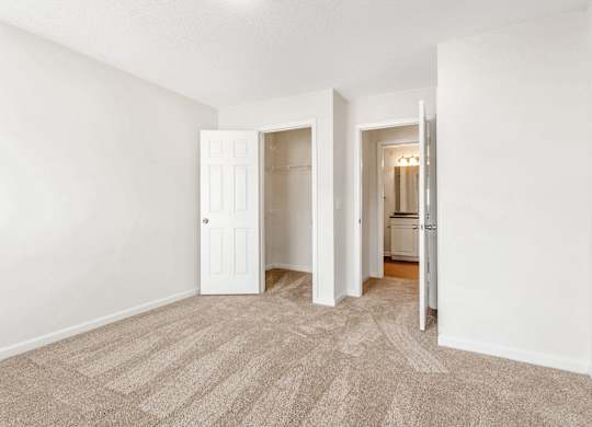 A room with a carpeted floor and two open doors. at The Grayson Apartment Homes, Charlotte