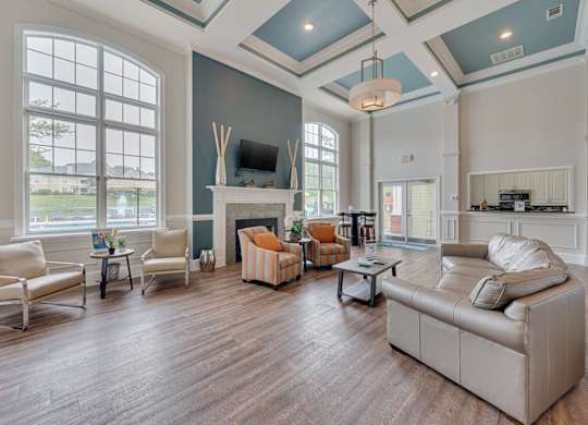 Clubhouse interior with fireplace.