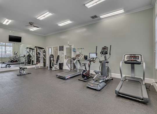 A spacious gym with a variety of cardio equipment.