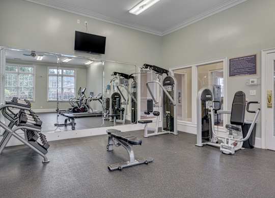 A spacious gym with a variety of equipment including treadmills, weights, and exercise machines.