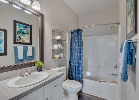 A bathroom with a white toilet, sink, and shower.