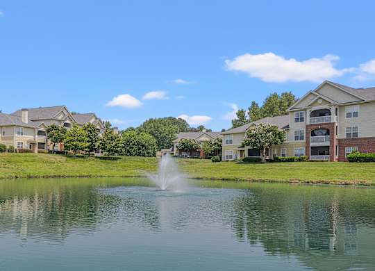 A fountain in the middle of a lake surrounded by houses.