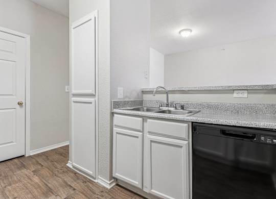 A kitchen with a white cabinet and a black dishwasher.