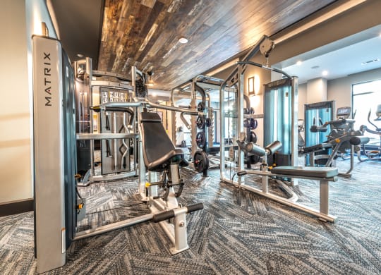 Community gym with a close up of the arm machines and multiple machines behind those with wooded beamed ceiling and carpeted floors