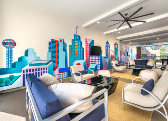 Outdoor covered patio with long wall of vibrant Dallas building skyline painting and close up of a group of metal chairs with cushions surrounding a black coffee table and another set of chairs and table in the back
