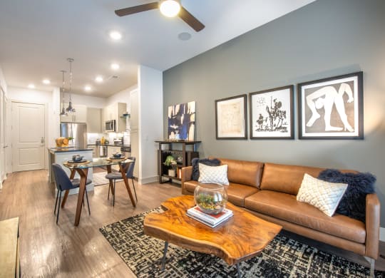 Interior of apartment facing the kitchen and dining area from the living room
