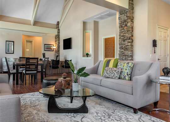 Clubhouse Seating Area with Dining Room Table with Chairs  Grey Couches Triangle Glass Coffee Table