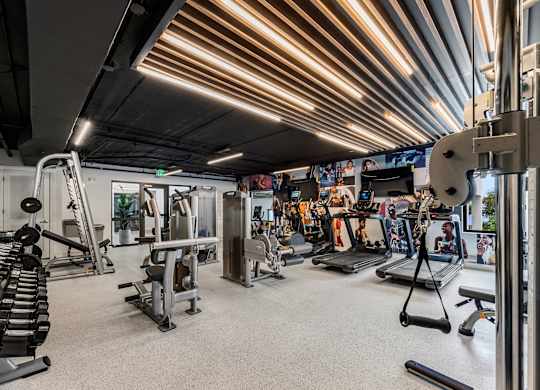a gym with weights and other exercise equipment and a ceiling with lights