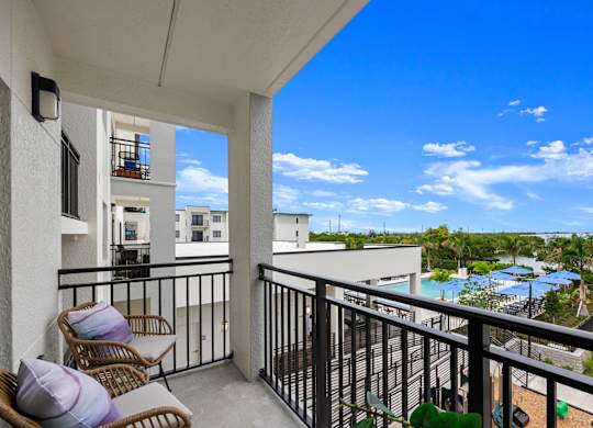 a balcony with two chairs and a view of a body of water