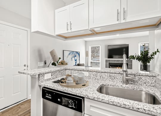 A modern kitchen with a granite countertop and stainless steel appliances at Paces Pointe Apartment Homes, Matthews, 28105