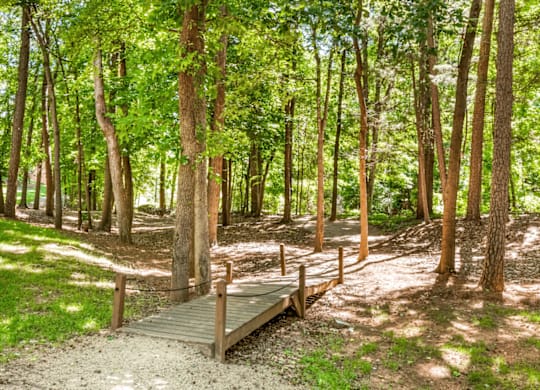 A wooden bridge crosses a gravel path in a green forest at Paces Pointe Apartment Homes, Matthews, NC
