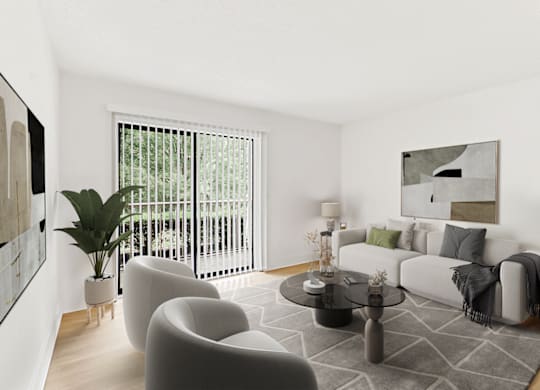 Living Room With Balcony View at The Parke at Trinity Apartment Homes, Raleigh, North Carolina