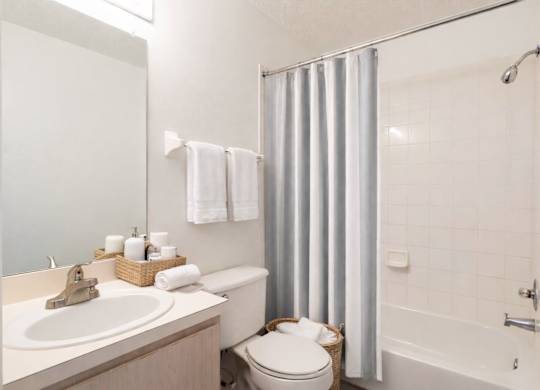 A white bathroom with a toilet, sink, and shower.