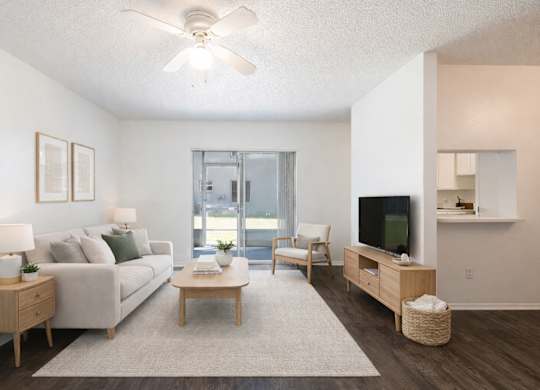 A living room with a couch, coffee table, and television.