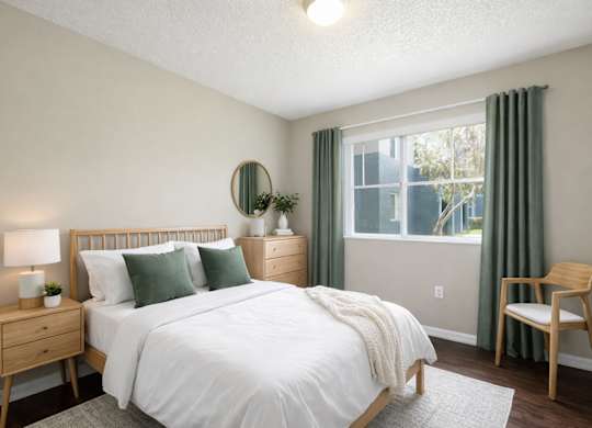 A bedroom with a bed, nightstand, and chair.
