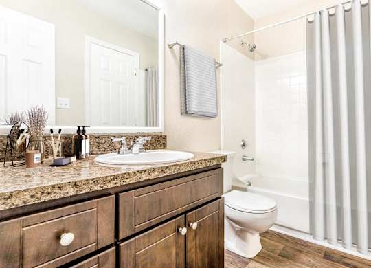 A bathroom with a sink, mirror, toilet, and shower.