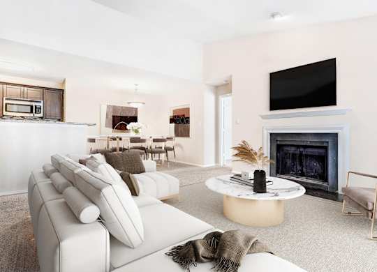 A modern living room with a fireplace and a television.