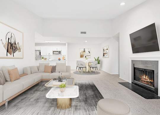 A modern living room with a fireplace and a television.