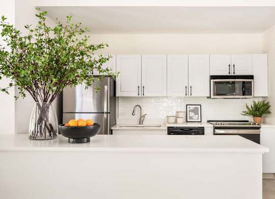 A kitchen with white cabinets and a white countertop.