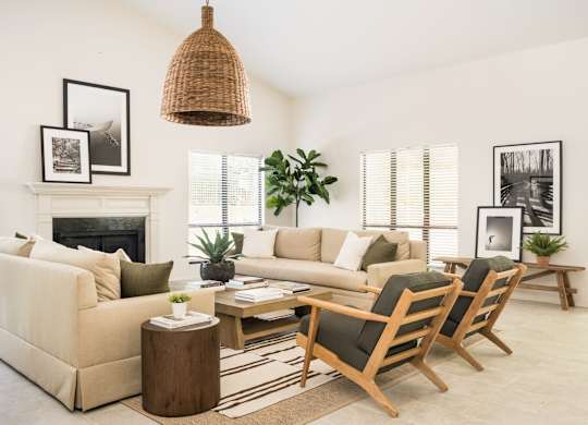 A living room with a fireplace, couches, and a rug.