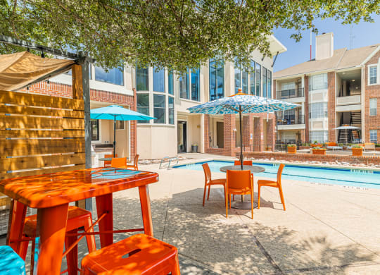 covered tables near swimming pool