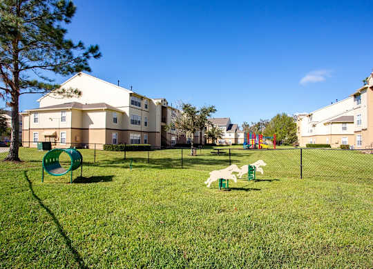 Dog park in courtyard with building exteriors