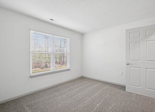A room with a white door, carpeted floor, and a window with blinds.