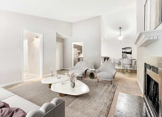 Living Room With Kitchen View at Woodlyn on the Green Apartment Homes, Cary, 27513