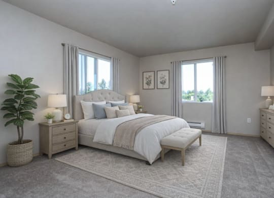 A bedroom with a large bed, a nightstand, and a plant.