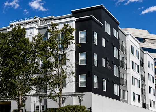 A modern building with black and white sections and a clear blue sky above.