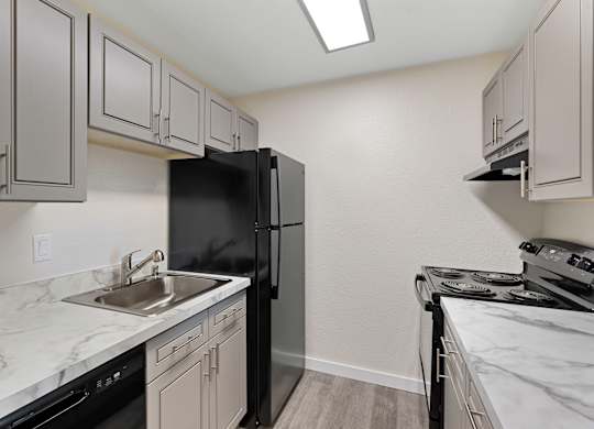 Kitchen View of Efficient Appliances like Dishwasher and Refrigerator, Grey Cabinetry, and Plank Flooring at Campo Basso Apartment Homes, Lynnwood, Washington 98087