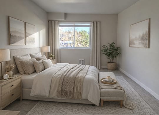 A bedroom with a large bed and a window overlooking a snowy landscape.