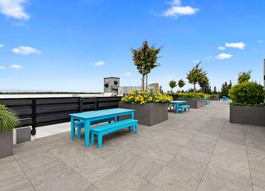 Rooftop Resident Lounge with a table and benches at Arabella Apartment Homes, Shoreline, WA