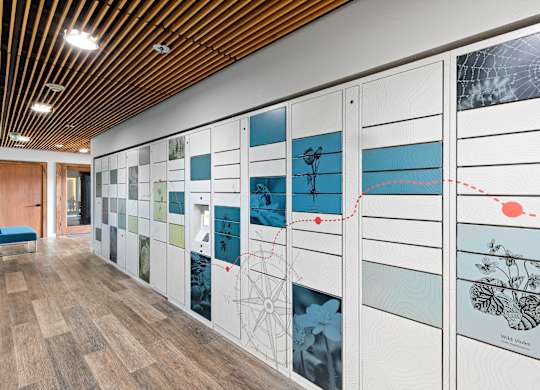 Package Receiving Lockers with Colorful Artwork at Excalibur Apartment Homes, Bellevue