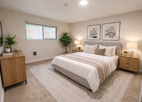A bedroom with a large bed, a wooden nightstand, and a window.