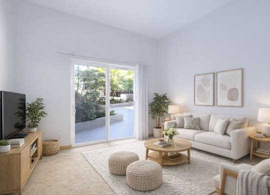 A living room with a white couch, a wooden coffee table, and a flat screen TV.