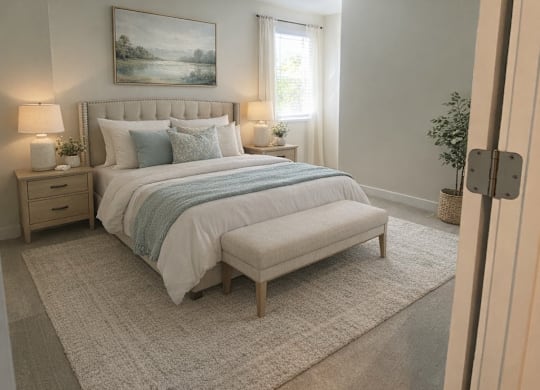 A bedroom with a large bed and a painting on the wall.