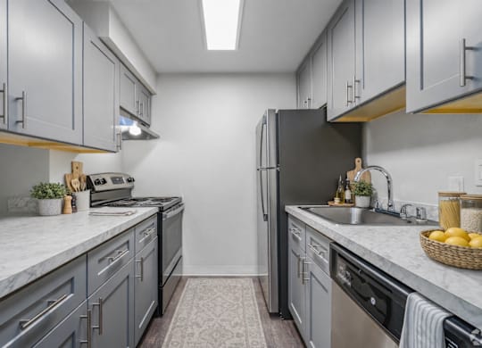 A kitchen with a black refrigerator and grey cabinets.