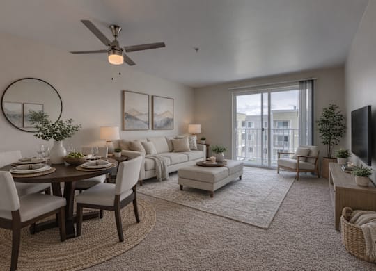 A modern living room with a dining table set for two and a flat screen TV.