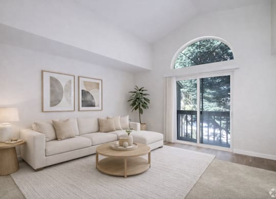 A living room with a white couch, a coffee table, and a potted plant.