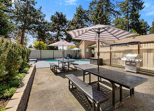 Resident Picnic Area with Picnic Tables and Striped Umbrellas at Park 210 Apartment Homes, Edmonds, WA, 98026