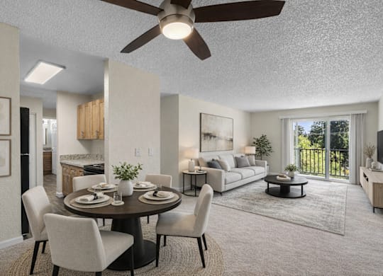 A modern dining room with a round table and chairs.
