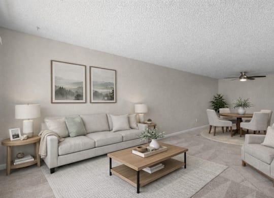 A living room with a couch, chairs, and a coffee table.