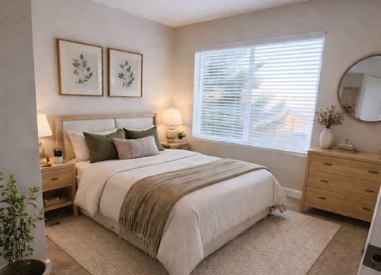 A bedroom with a large bed, a nightstand, and a plant.