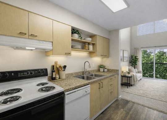 A modern kitchen with a black stove top oven and wooden cabinets.